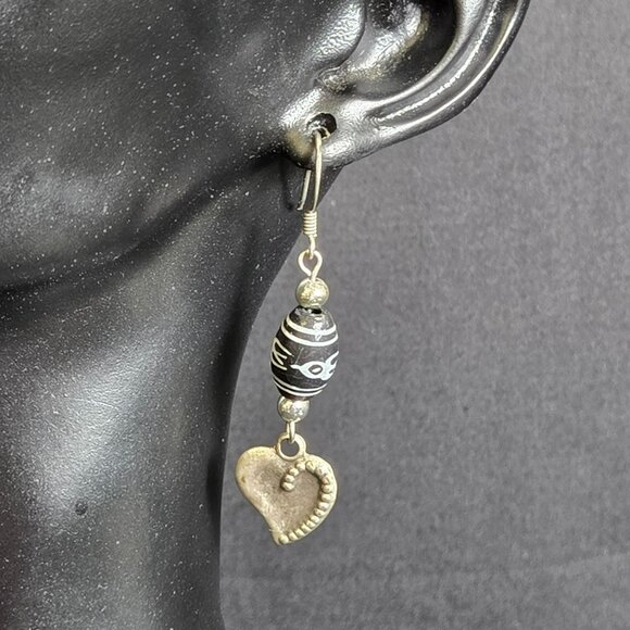 Boho Earrings Black & Silver Beaded Dzi Style with Gold Heart Dangle Accents - Picture 1 of 6